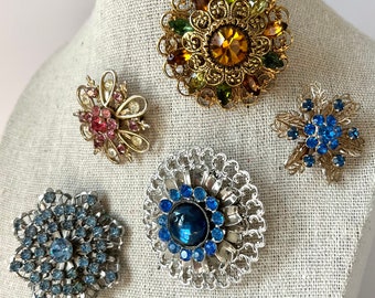 Vintage Rhinestone Brooch Lot | Prong Set Filigree Back | Unsigned but West German in style | Pink Blue Green Citrine Stone Costume Jewelry