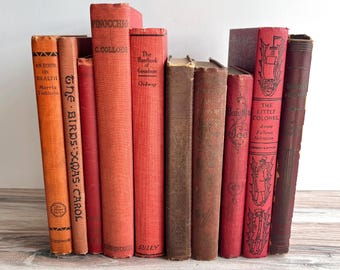 Lote de libros antiguos y vintage decorativos en tonos rojo, marrón y naranja / Lote de libros de literatura clásica