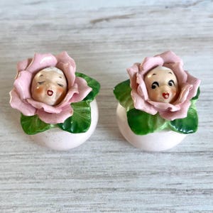 Vintage Anthropomorphic Flower Shakers with Baby Face in Centers | 1950s Kitschy Salt and Pepper Shakers
