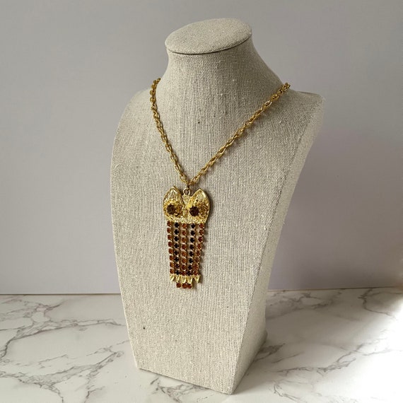 Vintage Owl Necklace Gold Tone with Citrine Rhine… - image 2