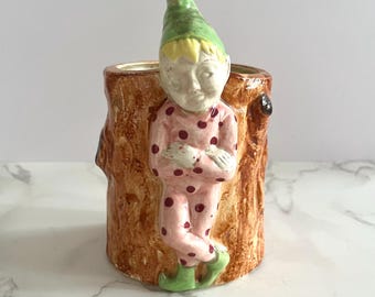 Vintage Ceramic Pixie Planter | 1950s Pixie Standing by Tree Stump | Kitschy Decor