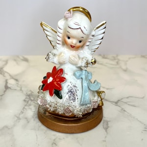 Vintage Napco Angel Figurine December Birthday with Poinsetta Made in Japan | Kitschy 1950s Collectible