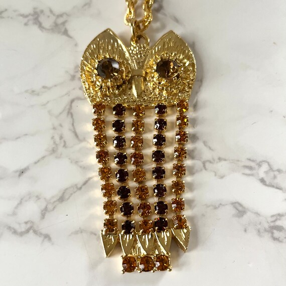 Vintage Owl Necklace Gold Tone with Citrine Rhine… - image 7