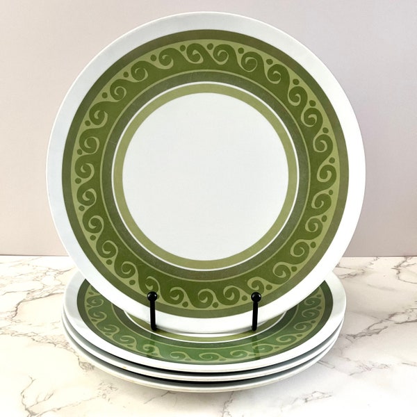 Vintage Texas Ware Melamine Dinner Plates | Set of Four | Green and White Scroll | MCM Dinnerware | 1950s 1960s