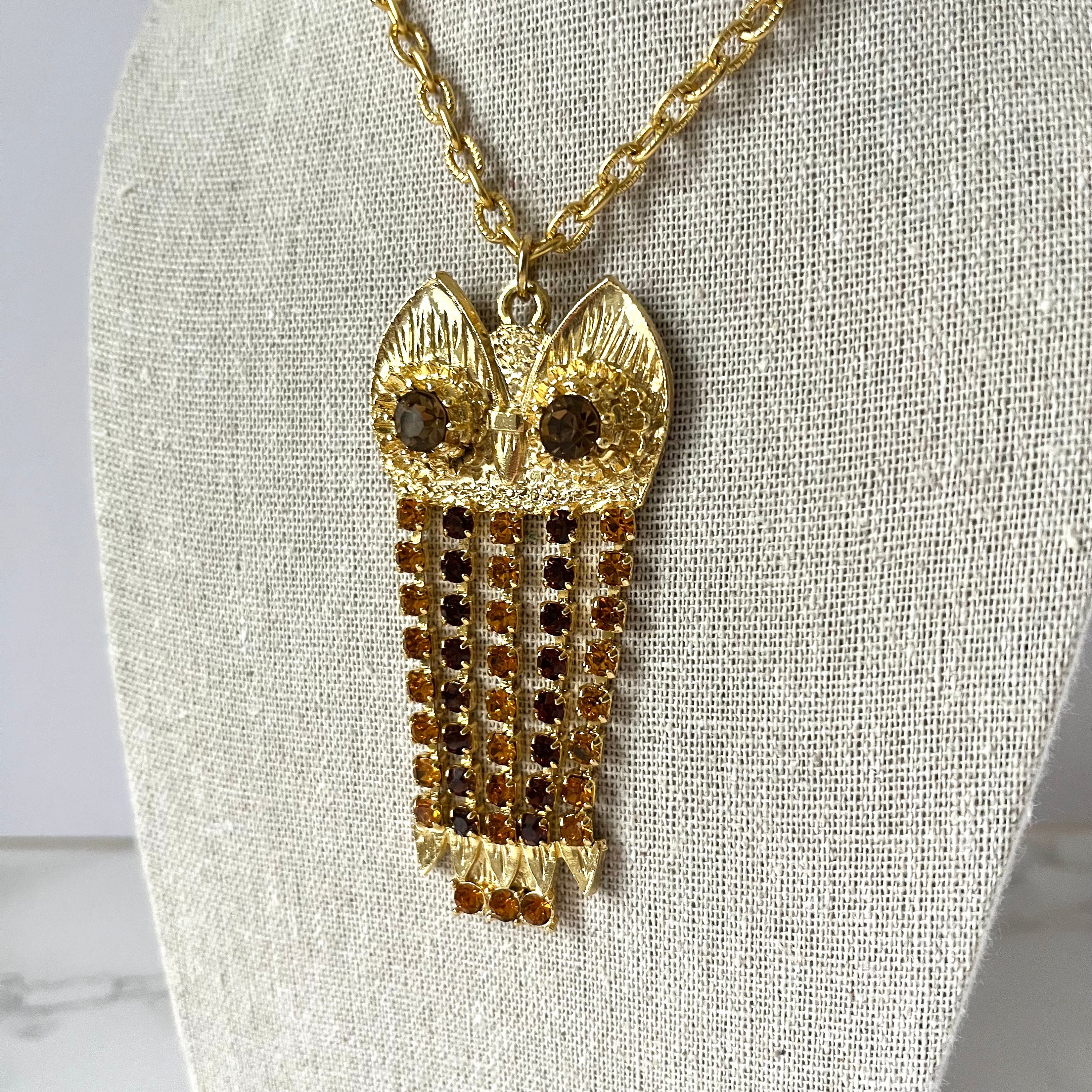 Vintage Owl Necklace Gold Tone with Citrine Rhinestones | 1970s Kitsch | Groovy Hippie Accessory