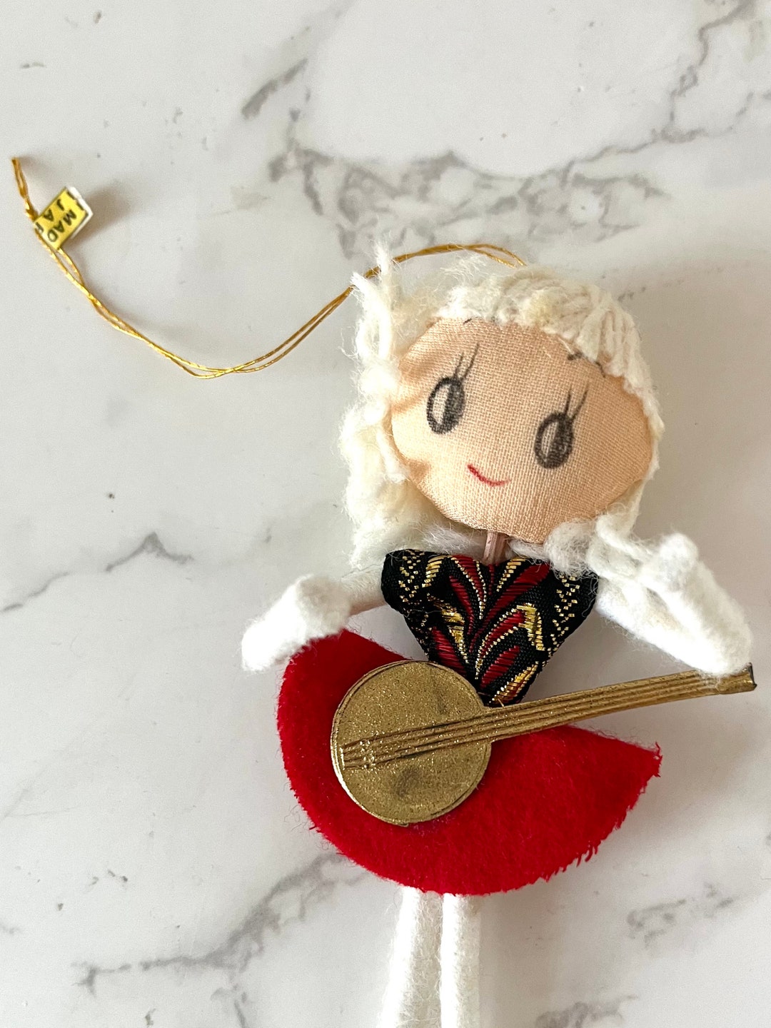 Vintage Christmas Ornament Made in Japan Girl Holding a Guitar Kitschy