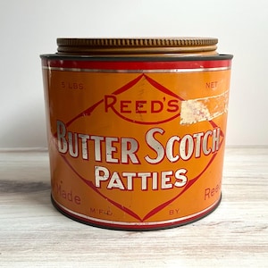 1920s Reed’s Butterscotch Patties Large Metal Tin | Antique Cookie and Candy Packaging and Advertising | Collectible Tins