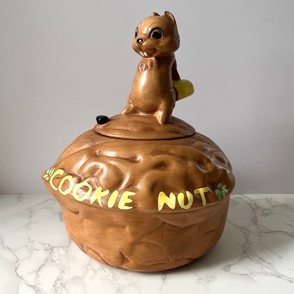 Vintage Chipmunk Cookie Jar Twin-Winton | Cookie Nut Squirrel Sitting on Nut | 1950s 1960s Collectible Kitchen Decor | Made in USA