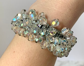 Vintage Japan Crystal Stretch Bracelet | Glass Aurora Borealis Faceted Beads | Silver Tone Metal | Cha Cha Bracelet | Costume Jewelry