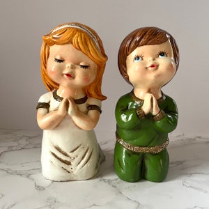 Vintage Chalkware Children Praying Figurines Boy and Girl 7 Inches Tall | Kitschy Cute Decor | 1950s
