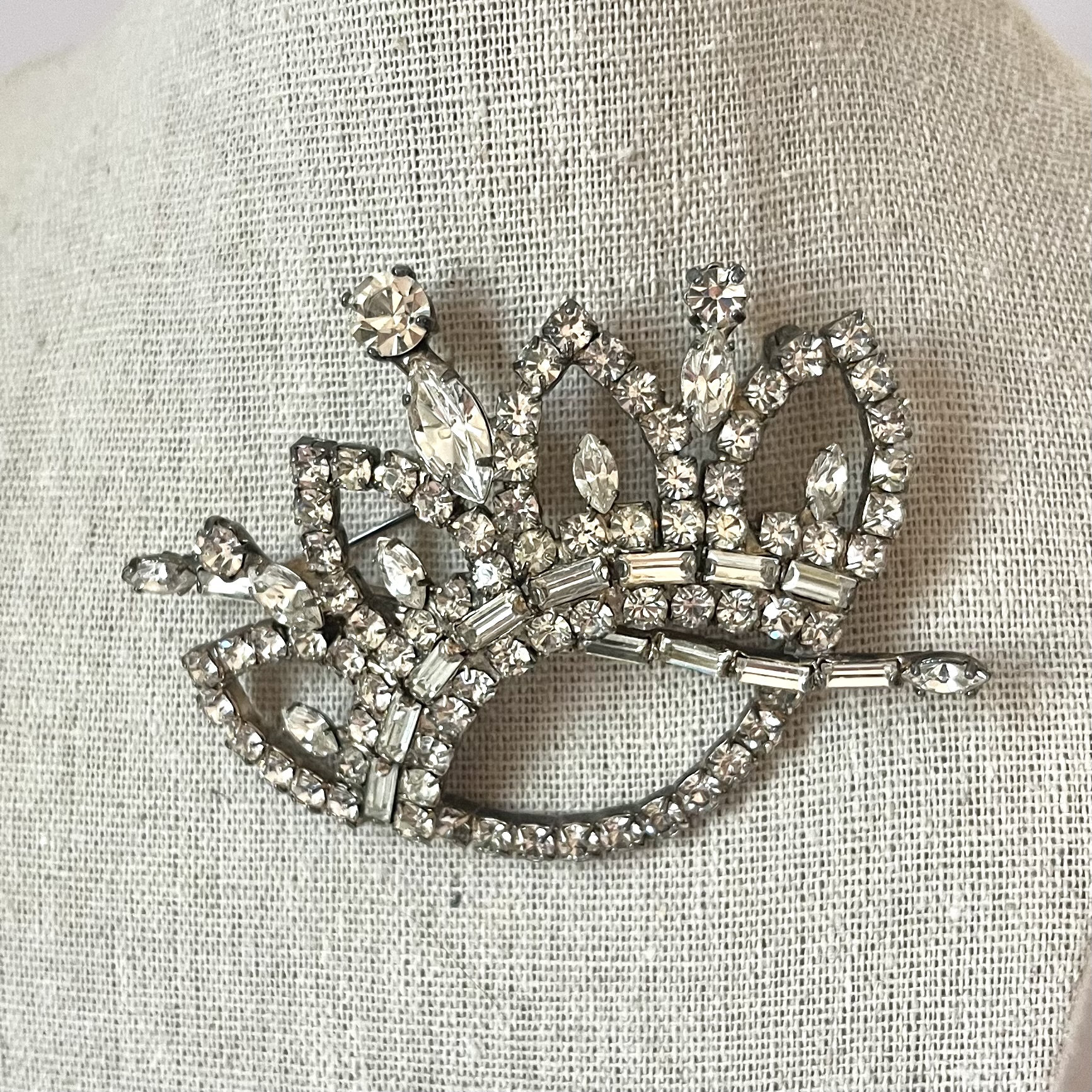 Vintage Rhinestone Crown Brooch: Clear Crystal Queen Pin (3.5 Inches)