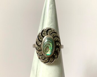Vintage Abalone and Marcasite Ring 925 Sterling Silver Signed Mexico Size 7.5