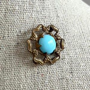 Victorian Brass Brooch with Faux Turquoise Stone and C Clasp | Antique Jewelry