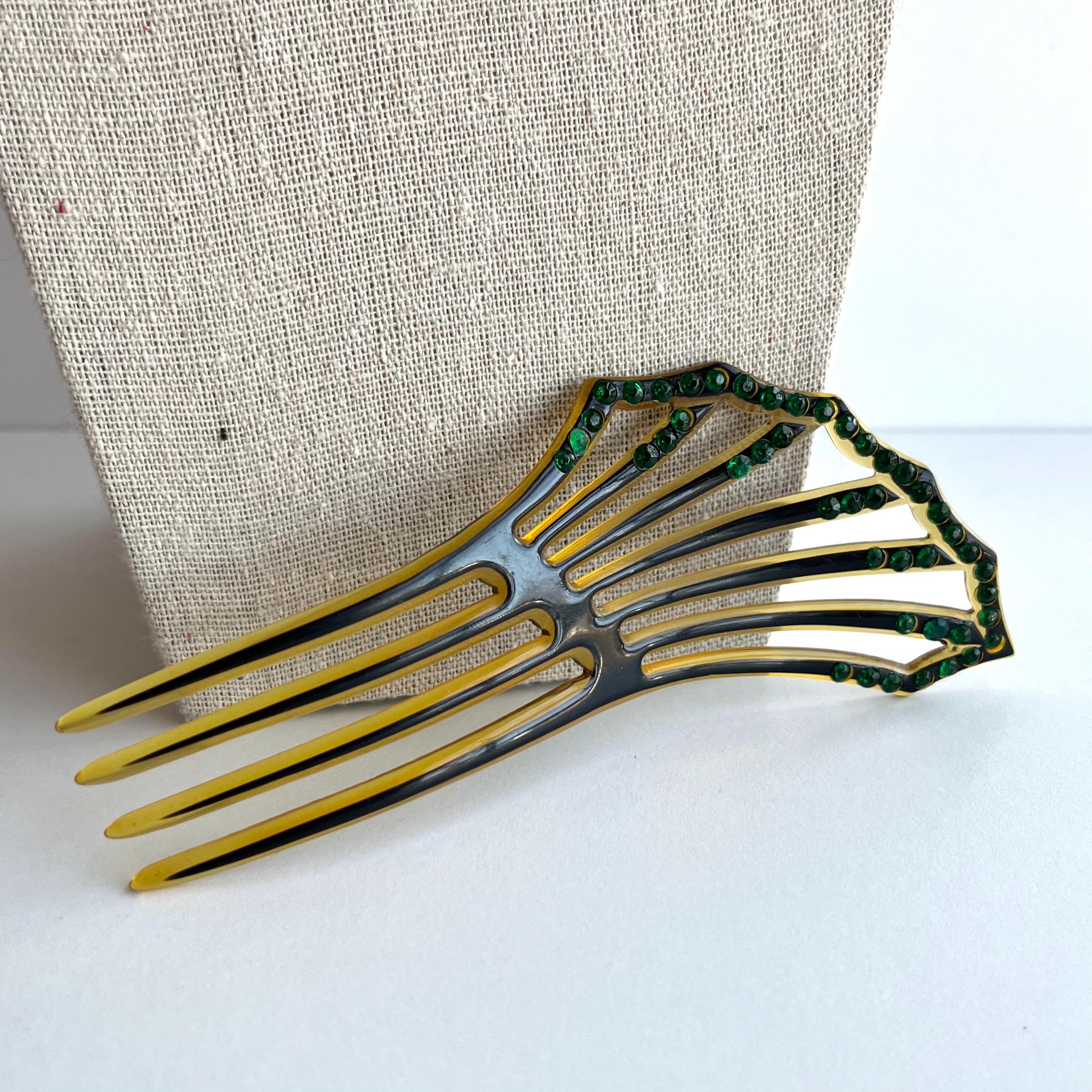 Vintage Celluloid Hair Comb w/ Topaz Rhinestones Antique Victorian 1800s/1900s Rhinestone Mantilla Style  main image 4