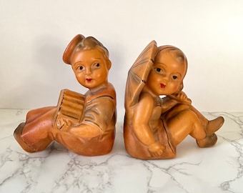 Vintage Chalkware Bookends: Girl with Umbrella, Boy with Accordion
