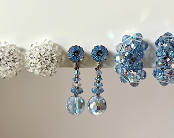 Vintage Rhinestone Clip On Earrings: Light Blue & Clear Costume Jewelry - 3 Pairs