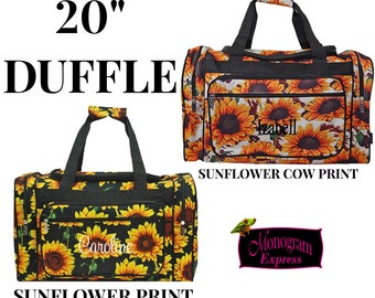 Monogrammed Duffle Bag | Personalized Duffel | Overnight Bag | Travel Bag | Womens Weekender Bag | Sunflower Cow  | Sunflower Duffel 20"