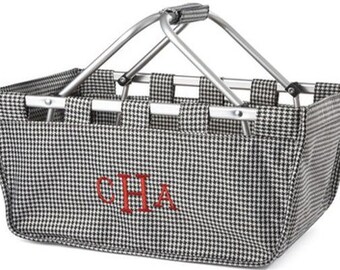 Monogrammed Market Tote | Collapsible Utility Tote | Toy Tote | Beach | Picnic | Craft | Teacher | Pool | Grocery | Houndstooth Tote Basket