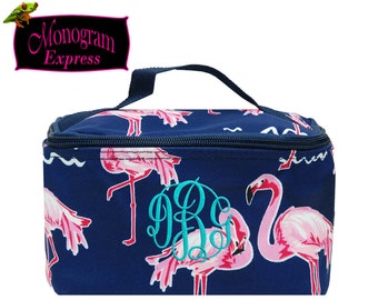 Monogrammed Cosmetic Bag | Make Up Bag | Personalized Gift | Travel Makeup Case | Bridal Party Gift | Pink Flamingo Navy Rectangle Cosmetic