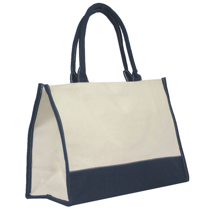 Monogrammed Tote Personalized Gift Market Tote Heavy Duty Canvas Beige Navy Trim Travel Tote Personalized Tote Bag Heavy Duty Tote