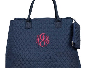 Monogrammed Quilted Tote | Personalized Women Tote | Carryon Bag | Travel Bag | Handbag | Bridesmaid Gift | Blue Quilted Zippered Tote Bag