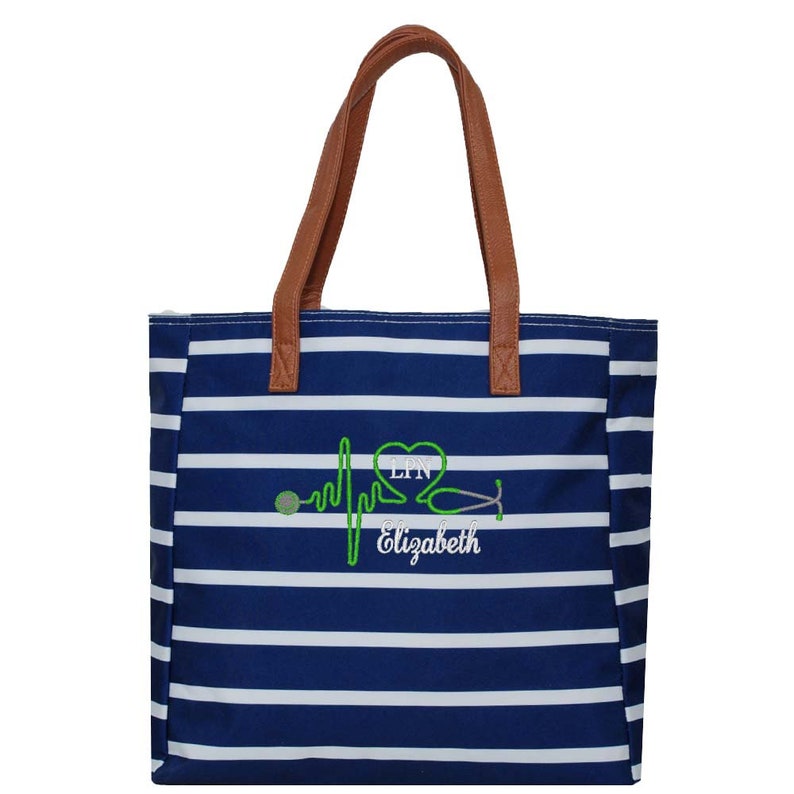 Personalized Nurse Tote Bag Graduation Nurse Gift Monogrammed Nurse Tote Personalized Nurse Gift Striped Tote Vegan Leather Handles