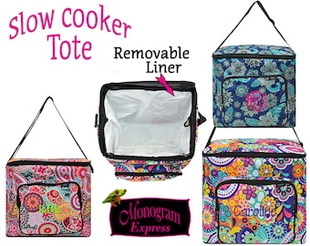 Personalized Insulated Slow Cooker Pot Carrier | Monogramed 5QT Potluck Hauler | Removable Liner | Square Collapsible Hot Cold Food Carrier