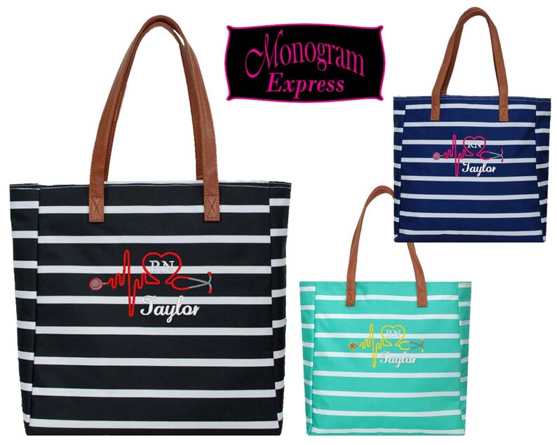 Personalized Nurse Tote Bag Graduation Nurse Gift Monogrammed Nurse Tote Personalized Nurse Gift Striped Tote Vegan Leather Handles