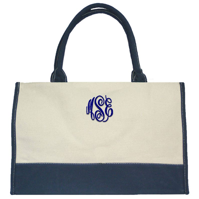 Monogrammed Tote Personalized Gift Market Tote Heavy Duty Canvas Beige Navy Trim Travel Tote Personalized Tote Bag Heavy Duty Tote