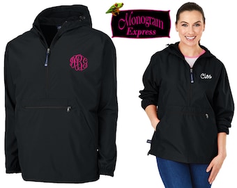 Monogrammed Quarter Zip Pullover Jacket | Personalized Adult Unisex Raincoat | Lightweight Hooded Quarter Zip Windbreaker | Black Pack-N-Go