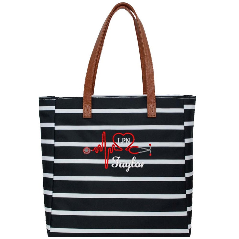 Personalized Nurse Tote Bag Graduation Nurse Gift Monogrammed Nurse Tote Personalized Nurse Gift Striped Tote Vegan Leather Handles