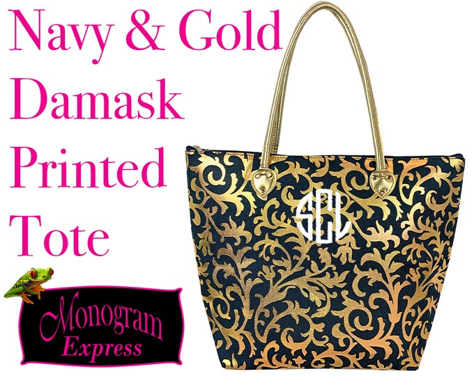 Navy and Gold Damask Tote | Personalized Tote Bag | Gold Foil | Teacher Gift | Bridesmaid Gift | Damask Printed Over the Shoulder Tote
