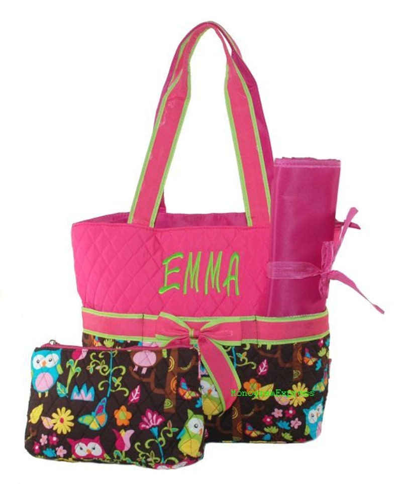 Monogrammed Diaper Bag Baby Bag Girls Diaper Bag Brown Owl Hot Pink Trim Diaper Bag Personalized Diaper Bag Baby Shower Gift