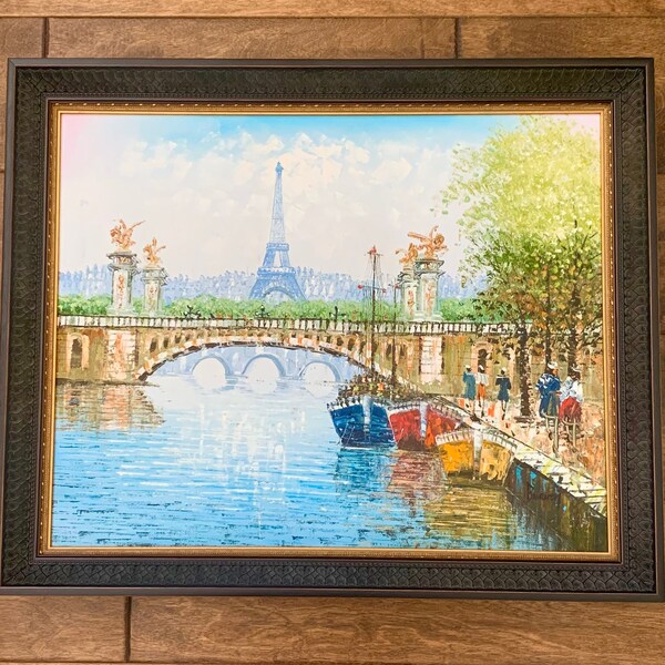 Original Oil Painting of Eiffel Tower Seine Boats France | Beautifully Framed | Original Signed Caroline Burnett