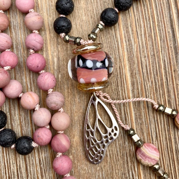 ZenHappy Monarch Mala Bead Necklace - Matte Pink Rhodonite, Lava Stone, Sterling Monarch Butterfly Wing and Handmade Lampwork; Boho Necklace