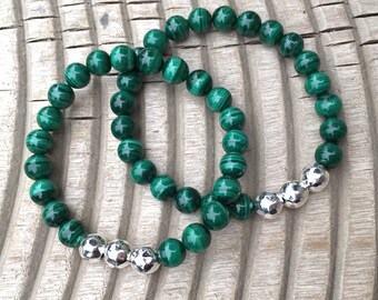 ZenHappy "Trinity" 8mm Gemstone Malachite Mala Bracelet with Sterling Silver