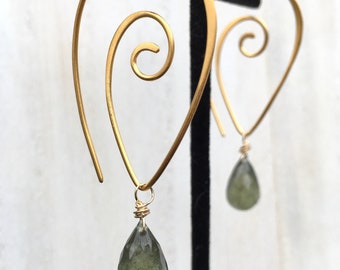 ZenHappy Spiral Earrings with Moss Aquamarine on 24K Gold Vermeil Wires