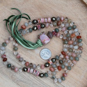 ZenHappy Heirloom Mala Bead Necklace with Tassel Rutile Quartz, Pink Opal, Pyrite, Sterling Silver, Handmade Lampwork Beads Boho Necklace image 1