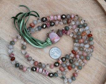 ZenHappy Heirloom Mala Bead Necklace with Tassel - Rutile Quartz, Pink Opal, Pyrite, Sterling Silver, Handmade Lampwork Beads; Boho Necklace