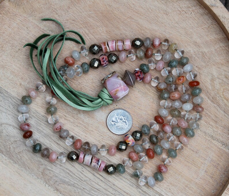 ZenHappy Heirloom Mala Bead Necklace with Tassel Rutile Quartz, Pink Opal, Pyrite, Sterling Silver, Handmade Lampwork Beads Boho Necklace image 1