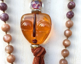ZenHappy "Goddess" Mala Necklace with Tassel - Sunstone, Lepidolite, Jasper and Handmade Lampwork Accents; 108 Beads