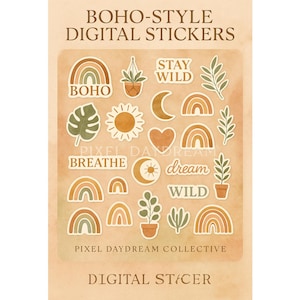 50 Boho Digital Stickers | Earth Tone Planner Stickers | GoodNotes, Notability, Digital Journal | PNG Instant Download