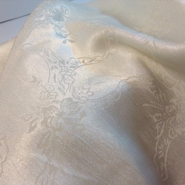 Vintage Crepe Satin Fabric, Off White Brocaded Acrylic fabric flower & leaf design, 48 in wide