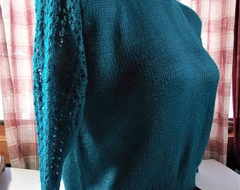 Women's Hand Knit Sweater, XXL Size, Deep Turquoise, Lacey Sleeve Design, Bust 48  ", UA 14", Sleeve 18" at UA