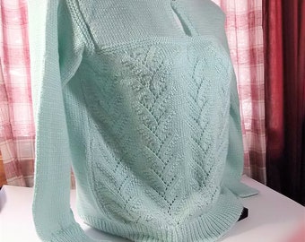 Womens Hand Knit Sweater, XL Mint Green, Cabled Lace Design ,, Bust 45", UA 16", Sleeve 20 at UA
