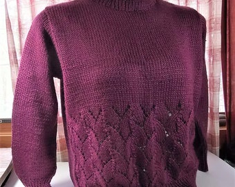 Women's Hand Knit Sweater, Deep Violet, Art Deco Design, size XL, Bust 46", UA 14", Sleeve 19" at UA