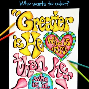 Greater is He who is in me coloring sheet, coloring page, instant download, scripture coloring, 1 John 4:4, digital download, printable