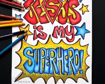 Superhero coloring page, Jesus is my Superhero, superhero coloring page, Scripture coloring, Bible verse to color, digital download
