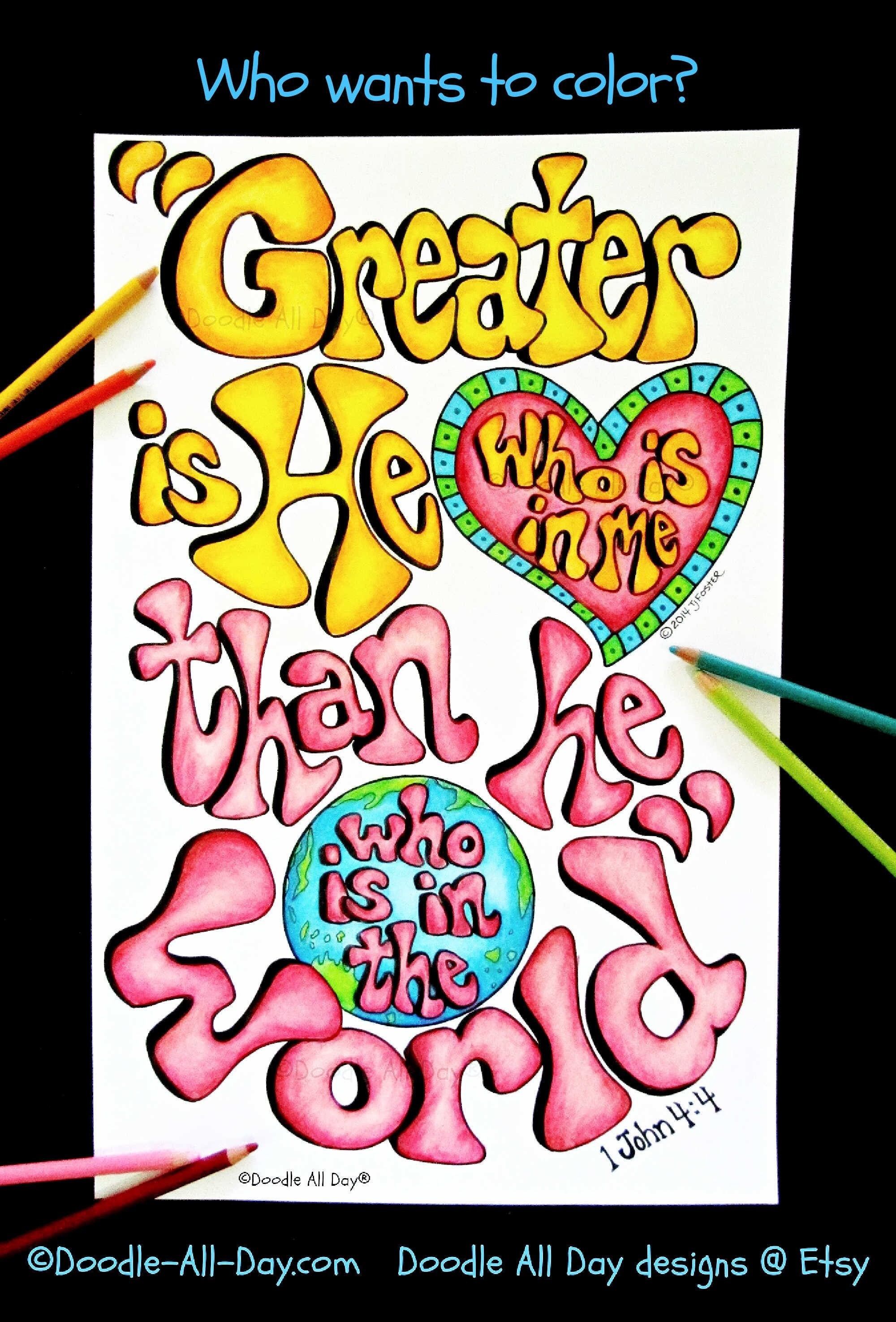 Greater is He who is in me coloring sheet, coloring page, instant download, scripture coloring, 1 John 4:4, digital download, printable
