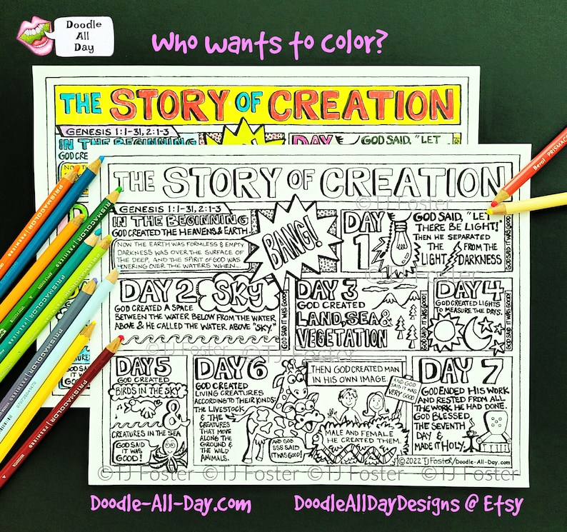 May include: Black and white printable coloring page featuring a comic book style illustration of the story of creation from the Bible. The page includes text from Genesis 1:1-31, 2:1-3 and illustrations of each day of creation.